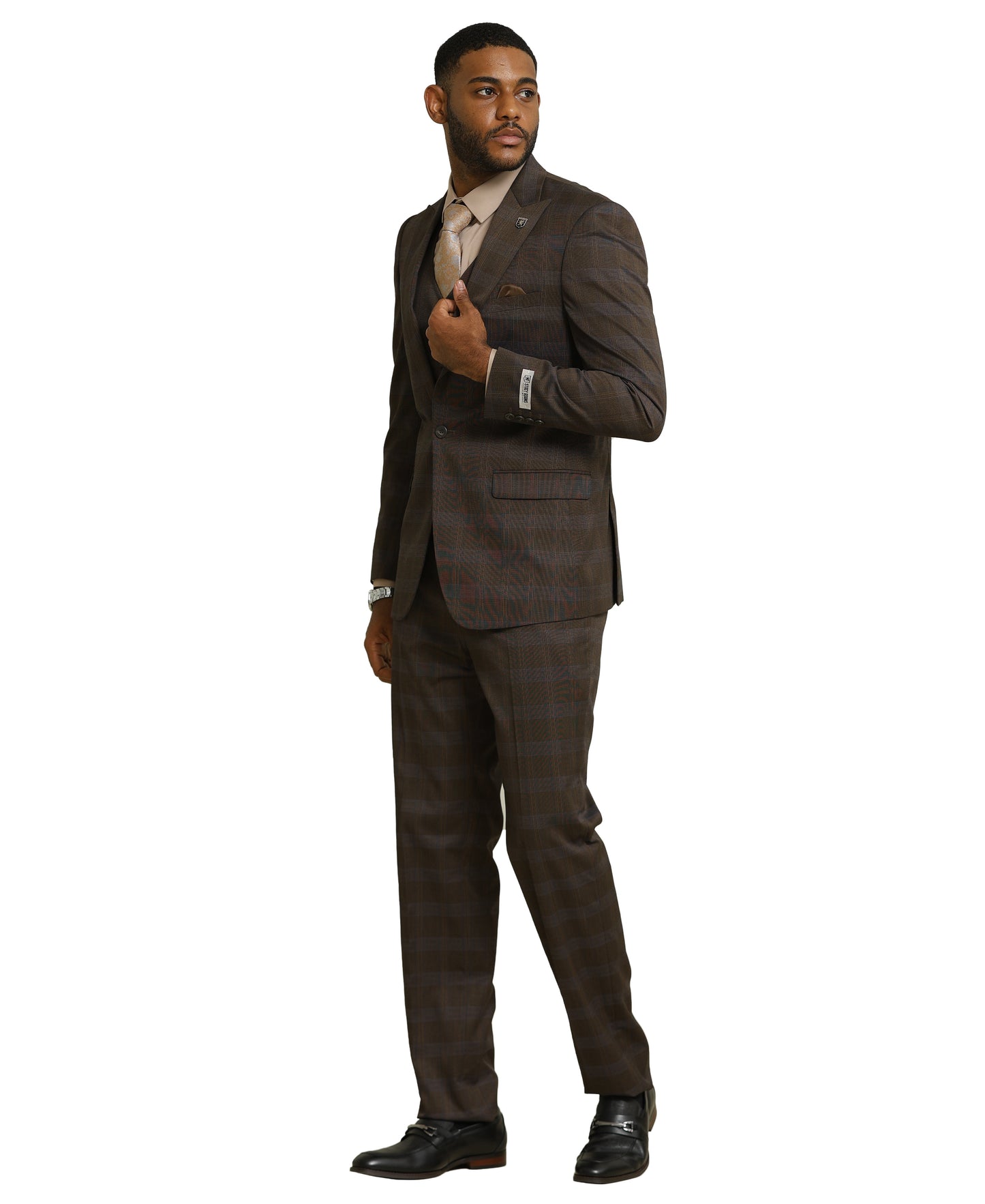 Stacy Adams Glen-Check Peak Lapel 3pc Suit Set, Brown