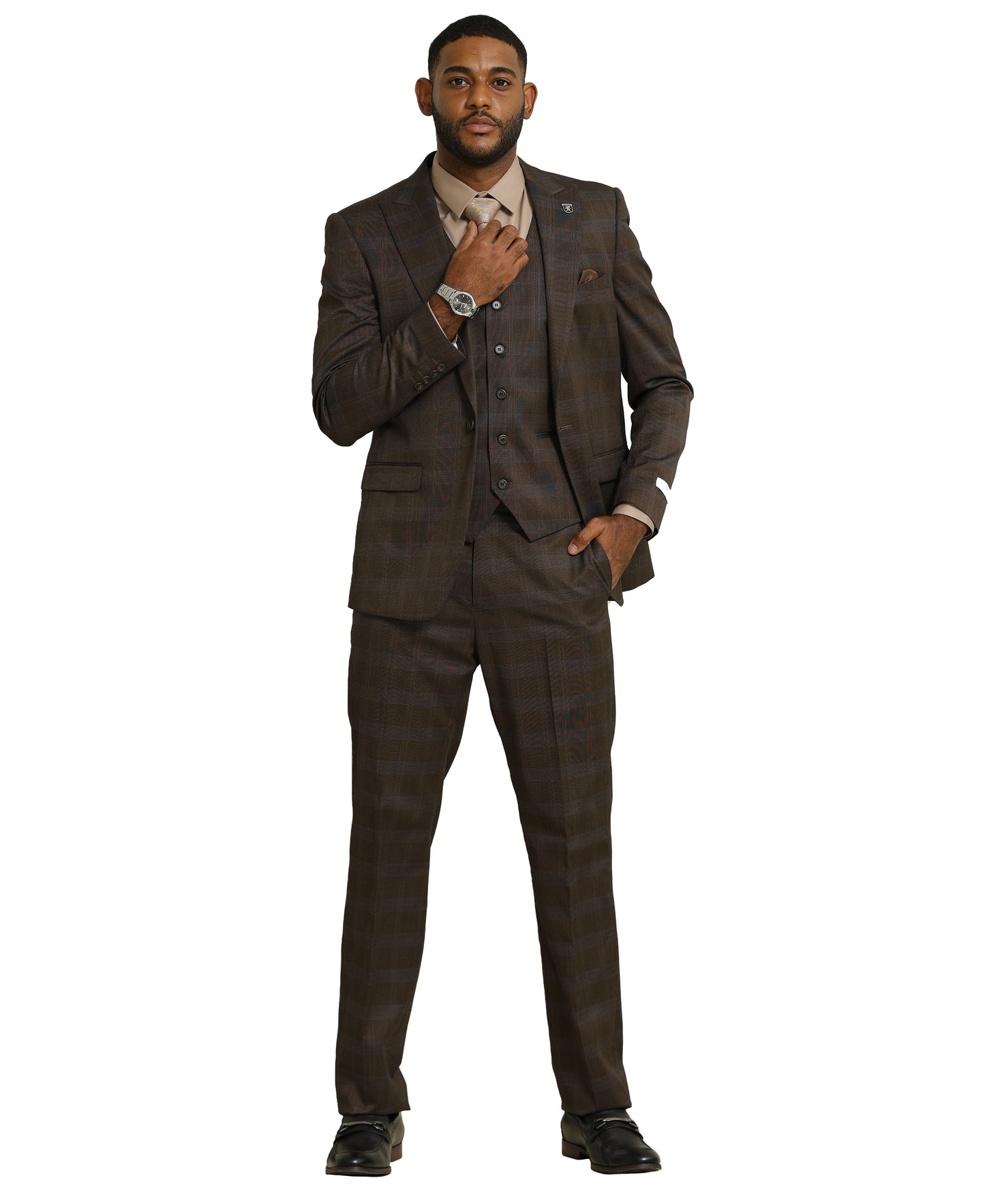 Stacy Adams Glen-Check Peak Lapel 3pc Suit Set, Brown