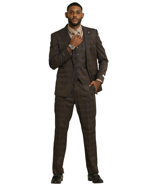 Stacy Adams Glen-Check Peak Lapel 3pc Suit Set, Brown