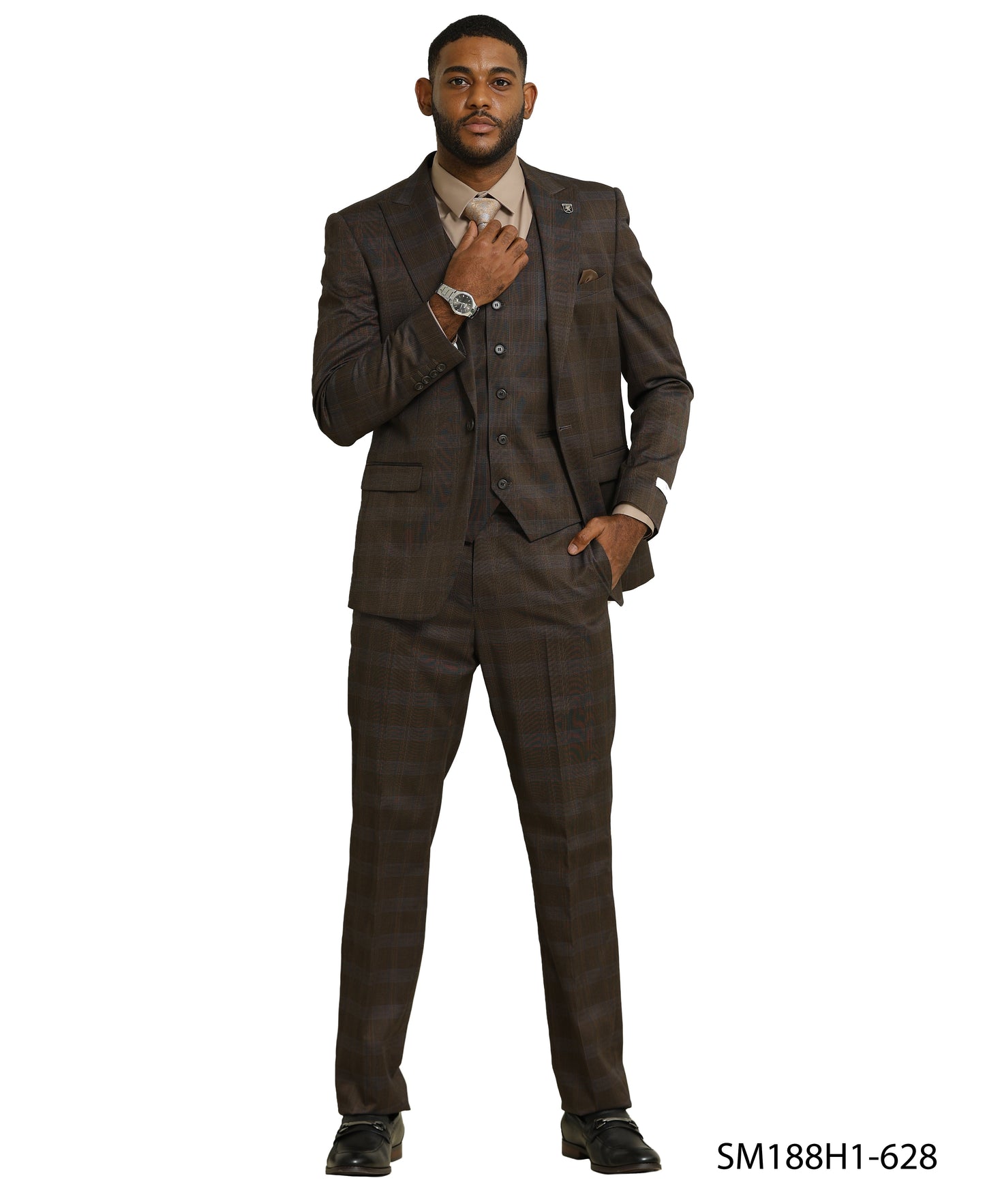 Stacy Adams Glen-Check Peak Lapel 3pc Suit Set, Brown