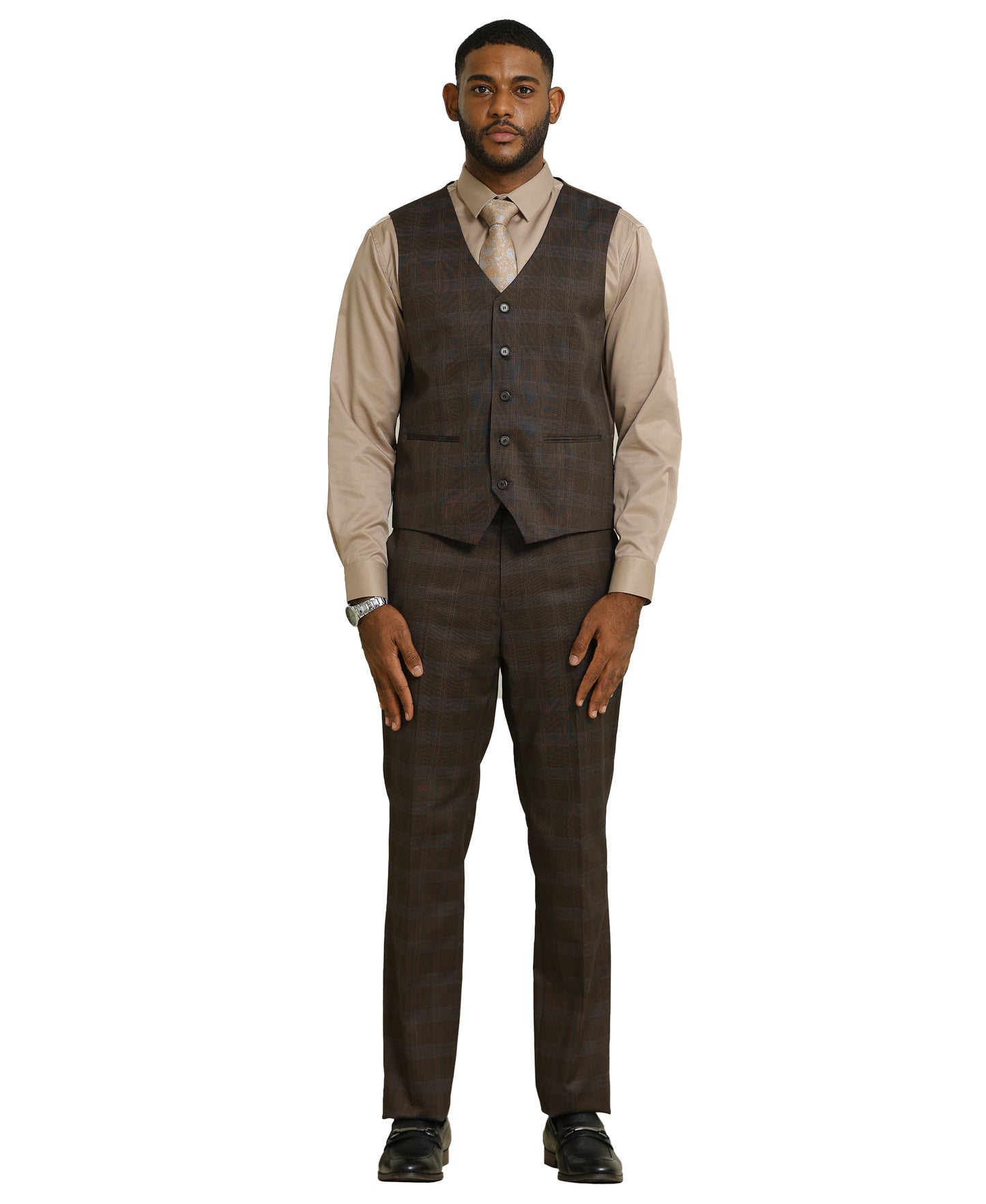 Stacy Adams Glen-Check Peak Lapel 3pc Suit Set, Brown