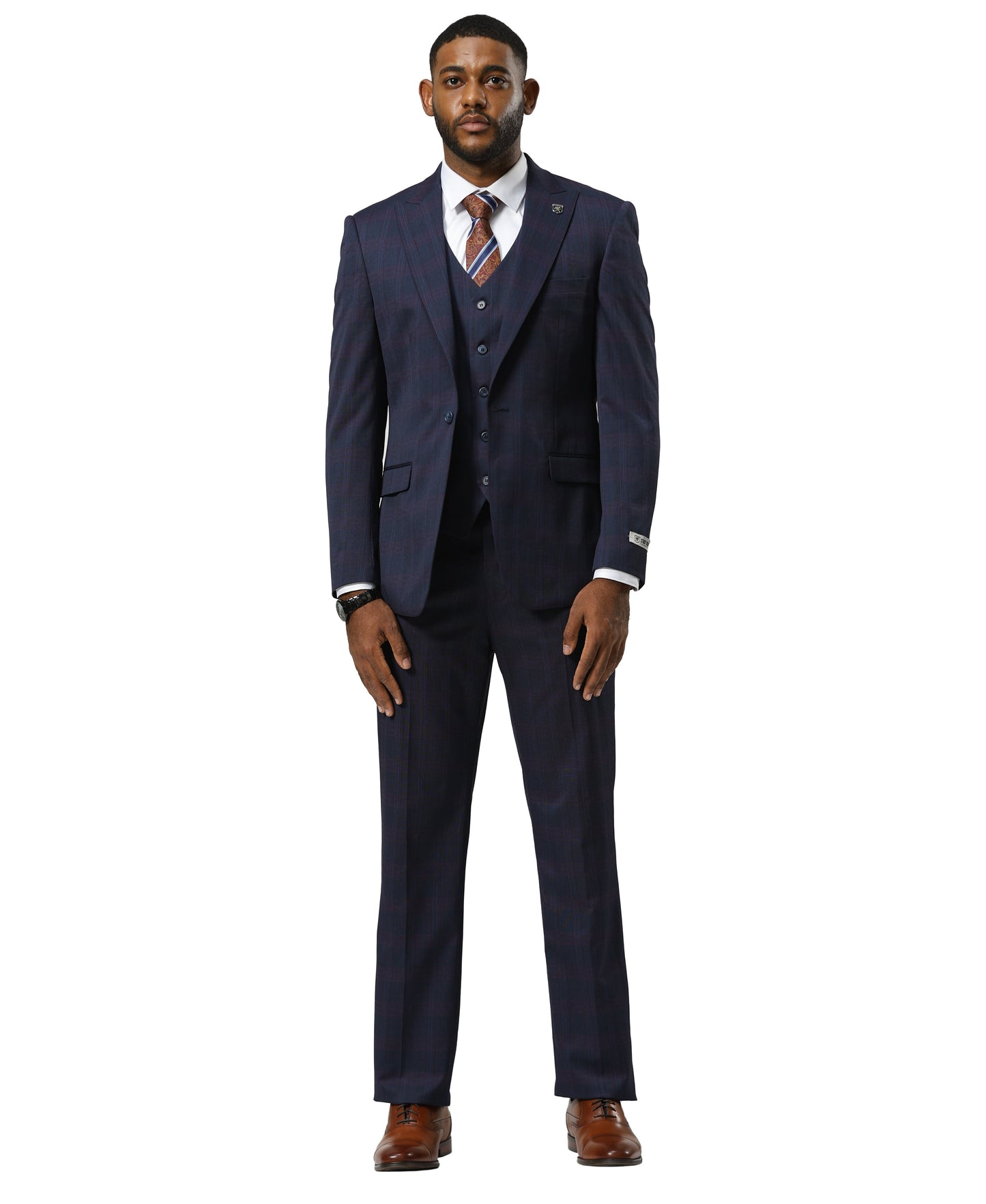Stacy Adams Glen-Check Peak Lapel 3pc Suit Set, Purple