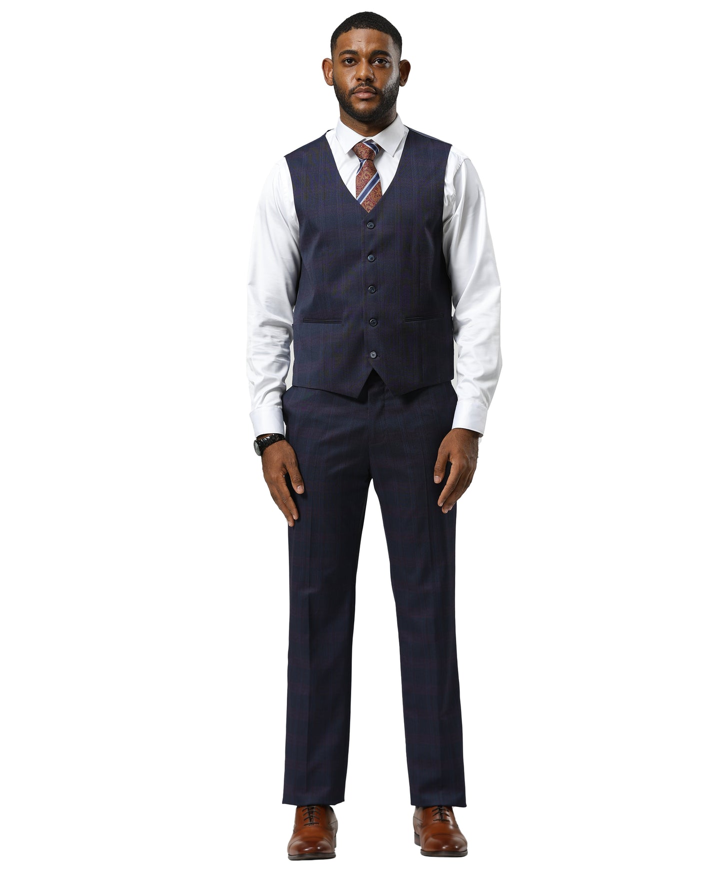 Stacy Adams Glen-Check Peak Lapel 3pc Suit Set, Purple