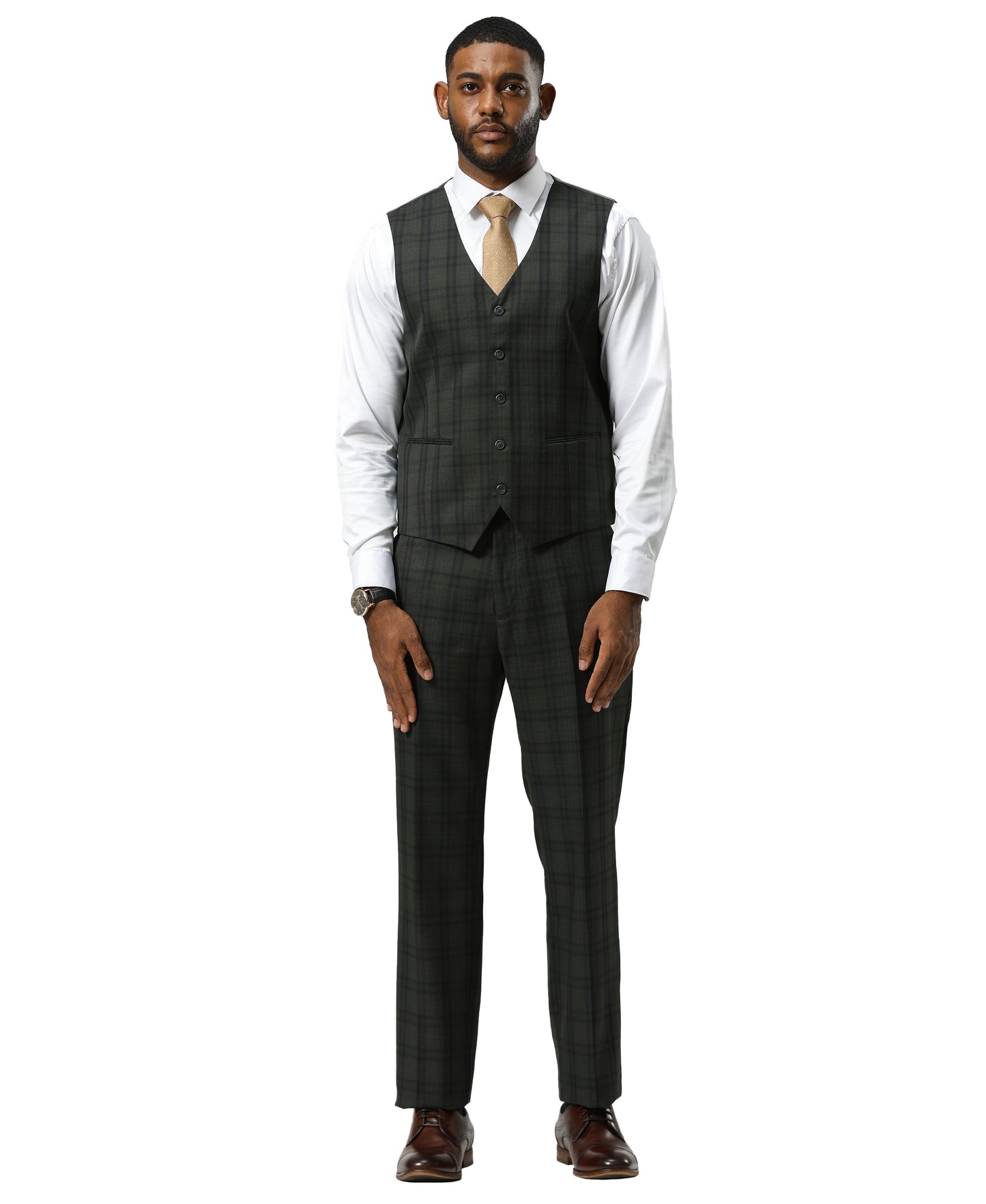 Stacy Adams Men's Glen Plaid 3pc Suit Set, Dark Green
