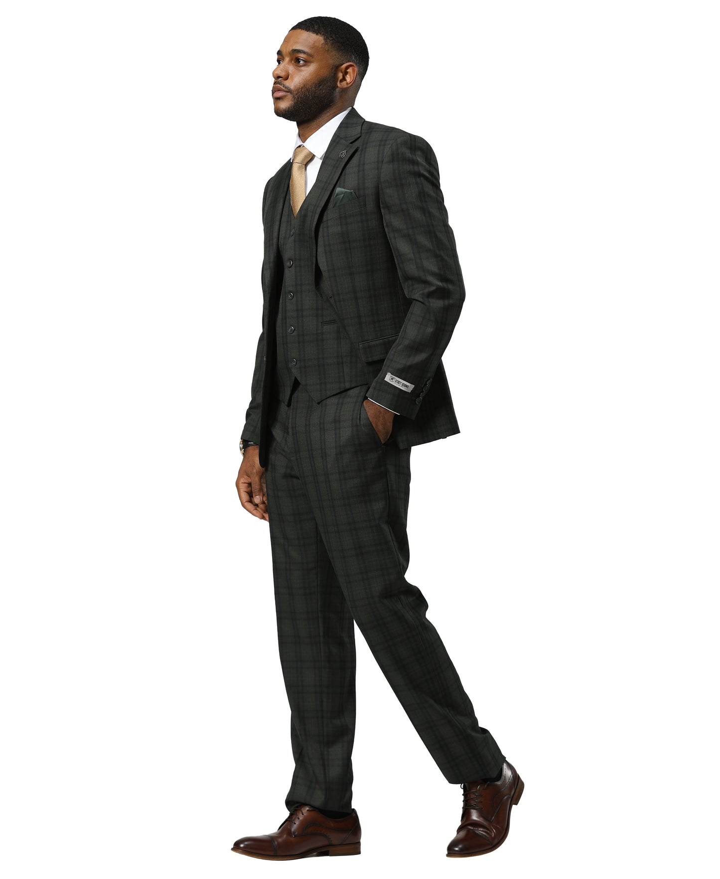 Stacy Adams Men's Glen Plaid 3pc Suit Set, Dark Green