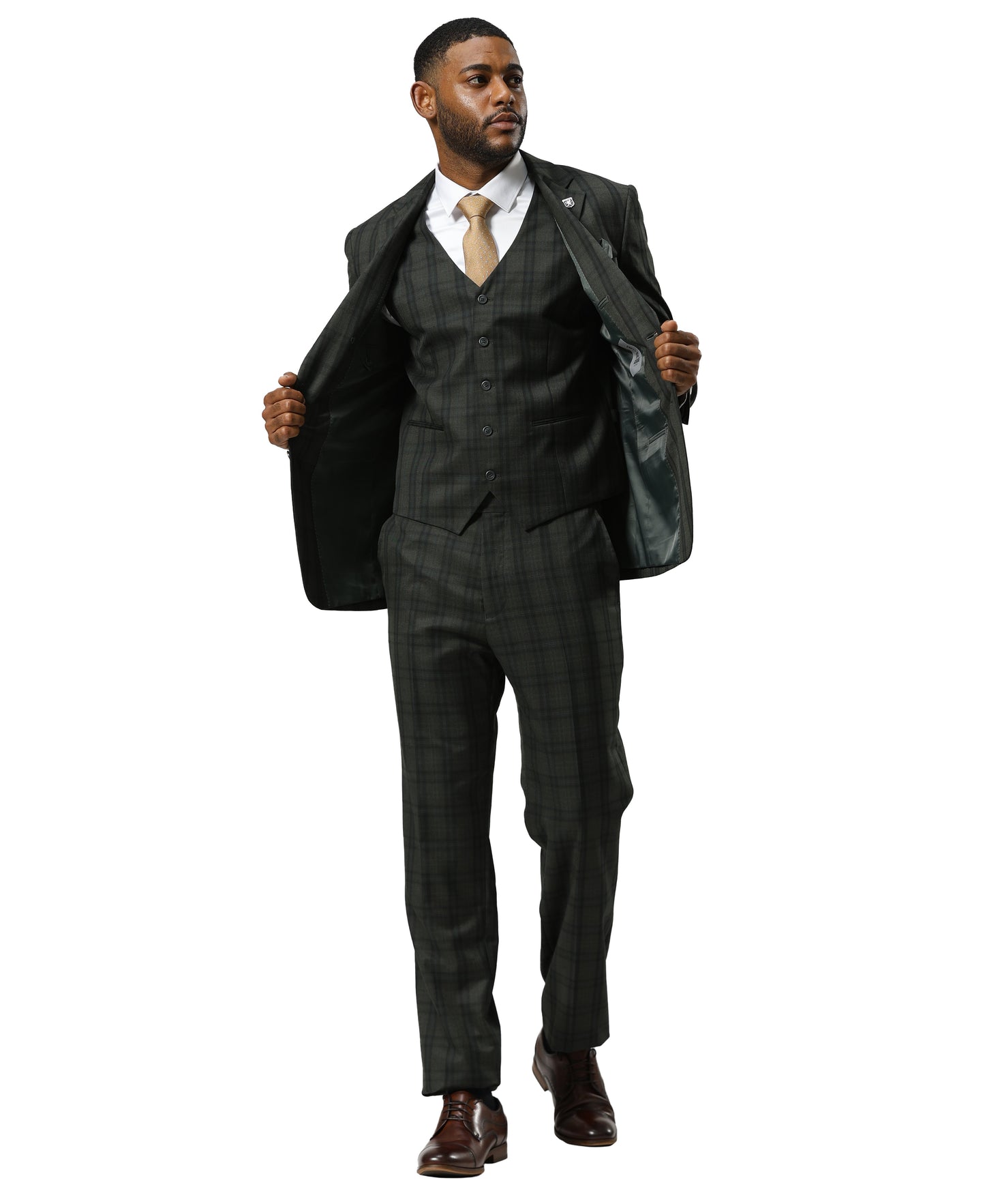 Stacy Adams Men's Glen Plaid 3pc Suit Set, Dark Green