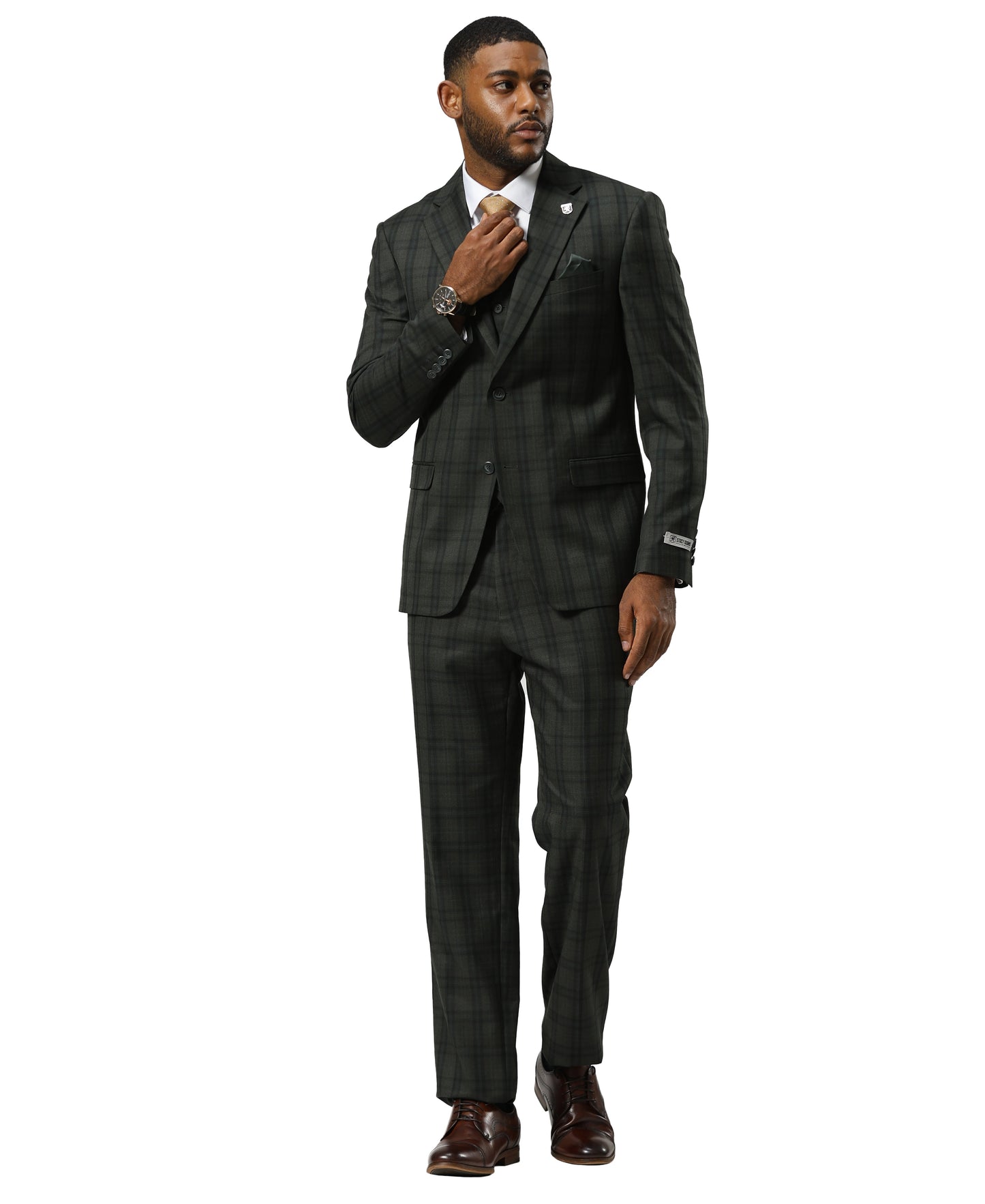Stacy Adams Men's Glen Plaid 3pc Suit Set, Dark Green