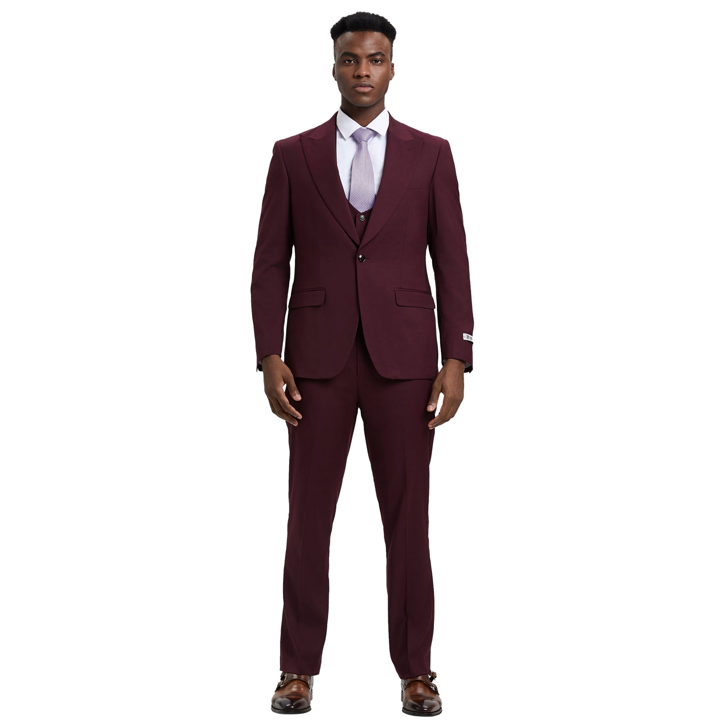 Stacy Adams Men's Hybrid-Fit 3pc Burgundy Suit Set, Jacket Vest and Pants