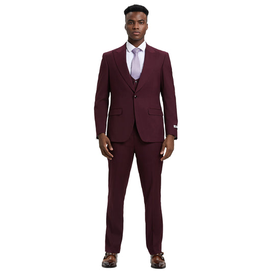 Stacy Adams Men's Hybrid-Fit 3pc Burgundy Suit Set, Jacket Vest and Pants