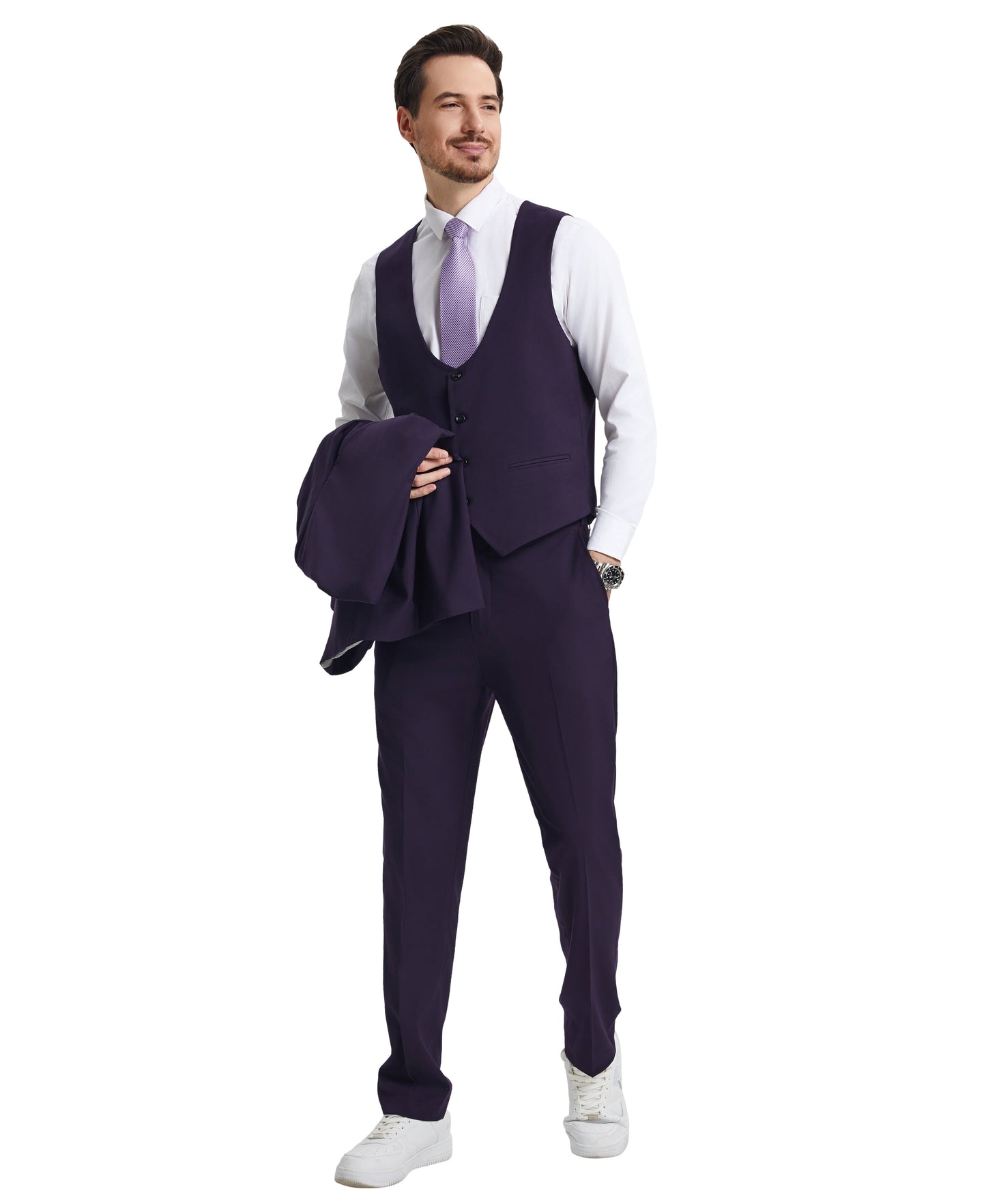 Stacy Adams Men's Hybrid-Fit 3pc Purple Suit Set, Jacket Vest and Pants