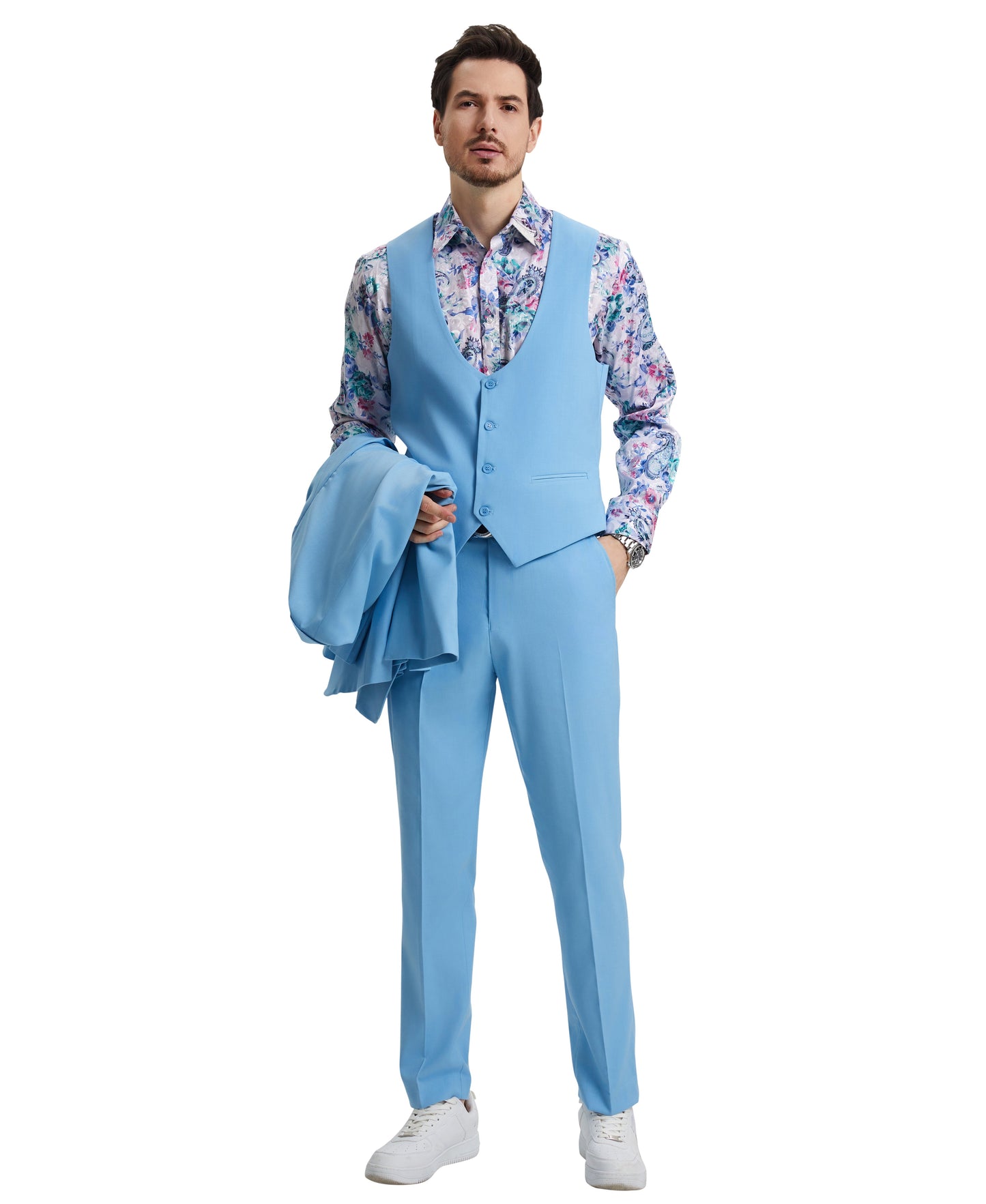 Stacy Adams Men's Hybrid-Fit 3pc Sky Blue Suit Set, Jacket Vest and Pants