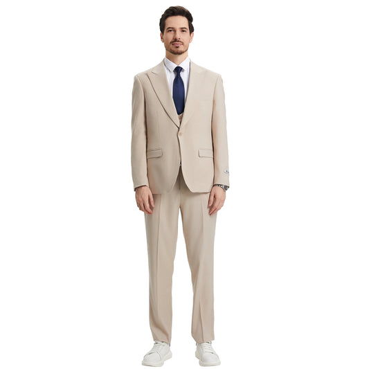Stacy Adams Men's Hybrid-Fit 3pc Light Tan Suit Set, Jacket Vest and Pants