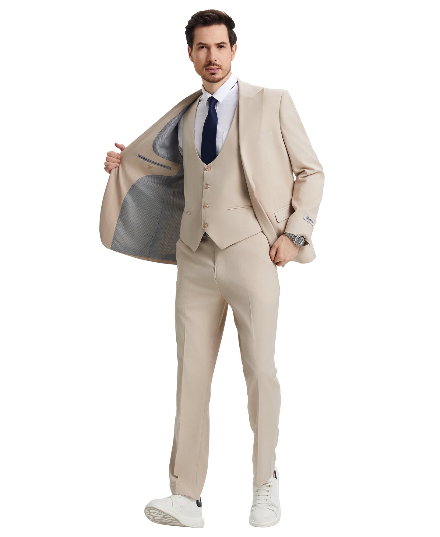 Stacy Adams Men's Hybrid-Fit 3pc Light Tan Suit Set, Jacket Vest and Pants
