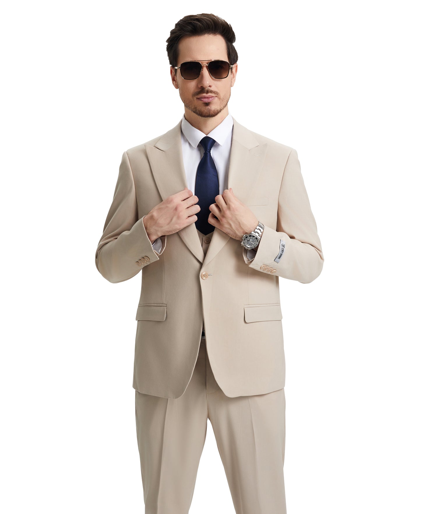 Stacy Adams Men's Hybrid-Fit 3pc Light Tan Suit Set, Jacket Vest and Pants