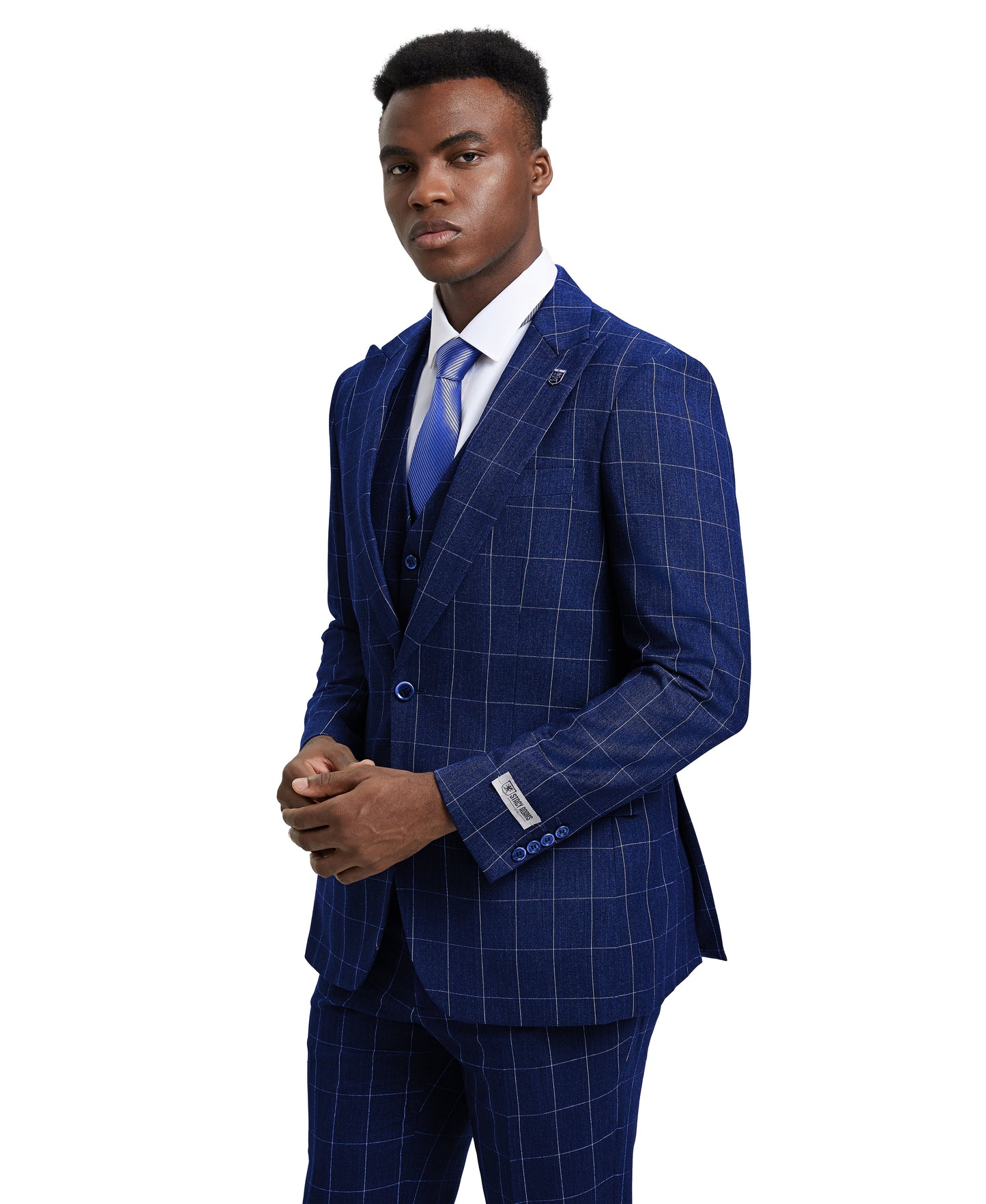 Stacy Adams Hybrid-Fit Vested Suit, Windowpane Dark Blue